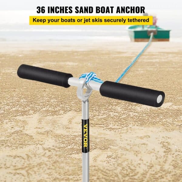 VEVOR sand anchor securing a boat on the beach with a blue rope.