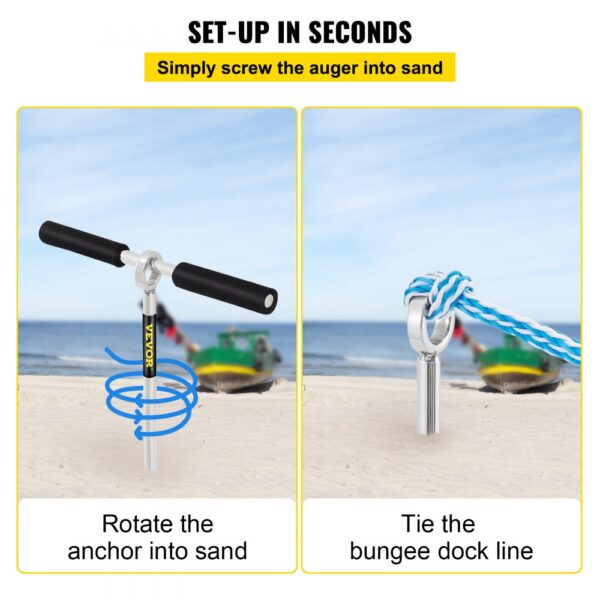 VEVOR sand anchor: easily screw into sand and tie the bungee dock line for secure setup.