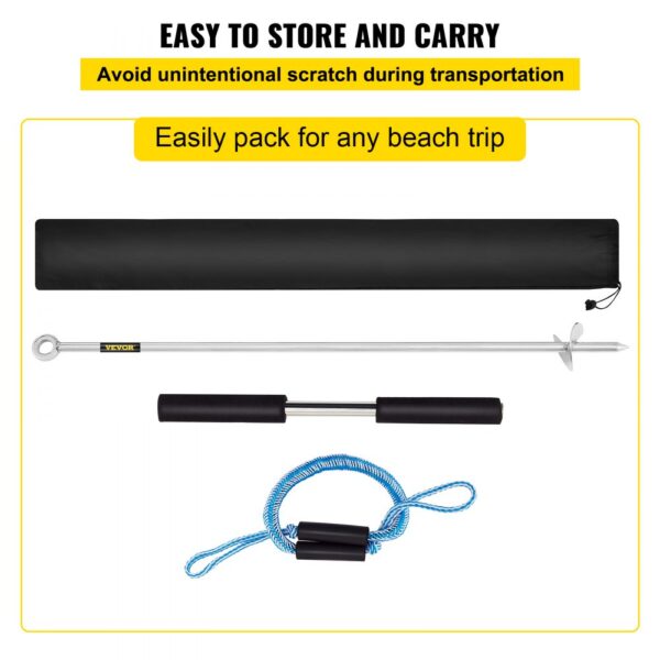 VEVOR sand anchor, easy to store and carry with rope and black carrying bag.