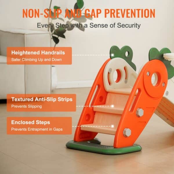 VEVOR toddler slide with heightened handrails, textured anti-slip strips, and enclosed steps for safety.