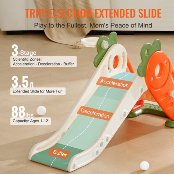 VEVOR toddler slide - triple-section extended slide with acceleration, deceleration, and buffer zones.