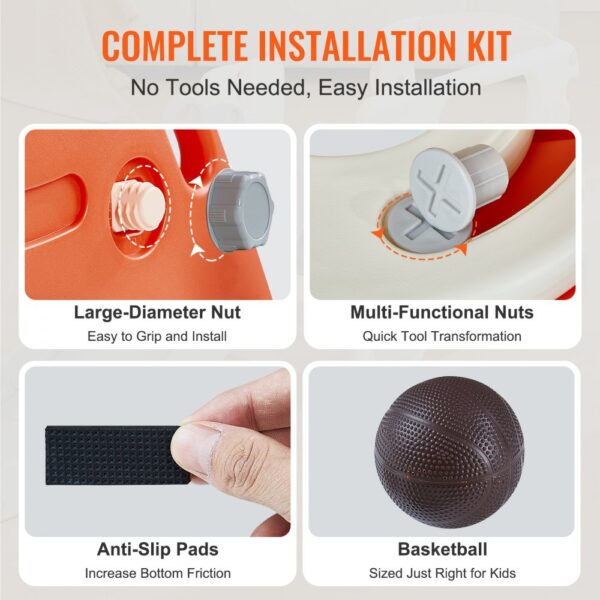 complete installation kit with large-diameter nuts, multi-functional nuts, anti-slip pads, and a basketball.