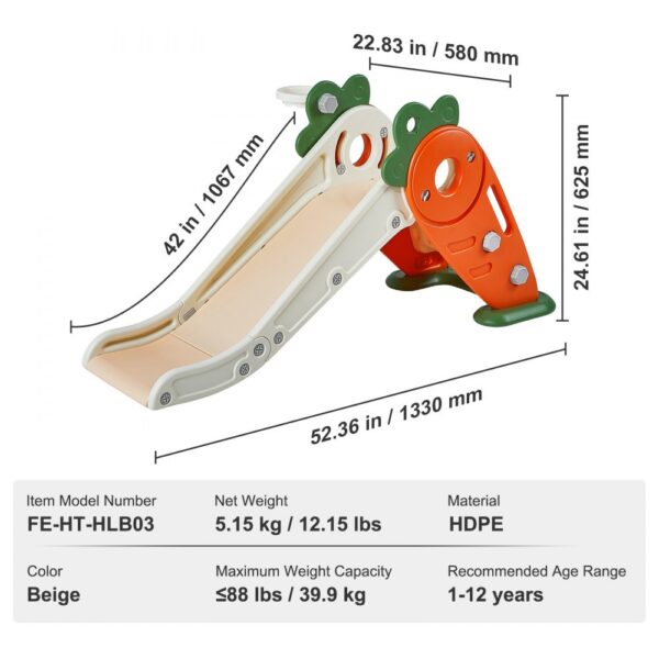 VEVOR toddler slide, beige, dimensions: 52.36 x 22.83 x 24.61 inches, suitable for ages 1-12.