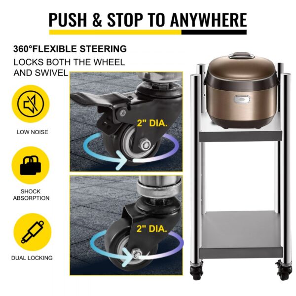 VEVOR rice warmer stand with 360° flexible locking wheels for low noise and shock absorption.