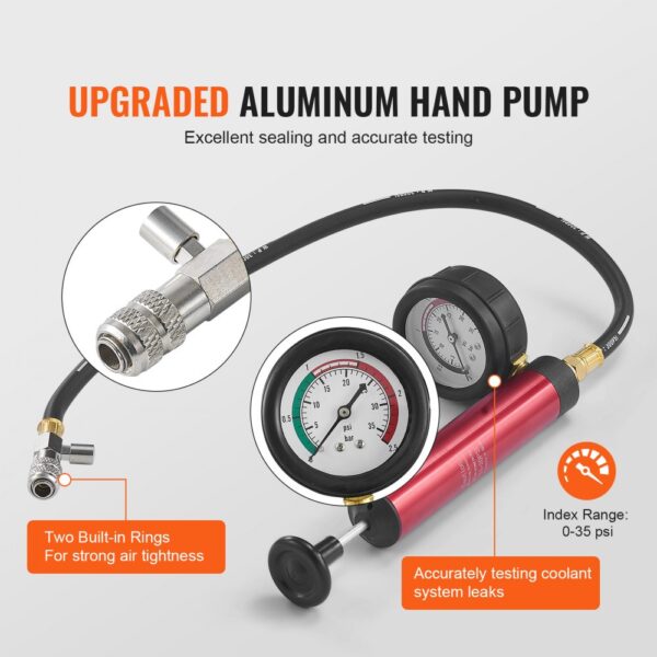 upgraded aluminum hand pump with gauges, VEVOR radiator pressure tester for accurate coolant system testing.