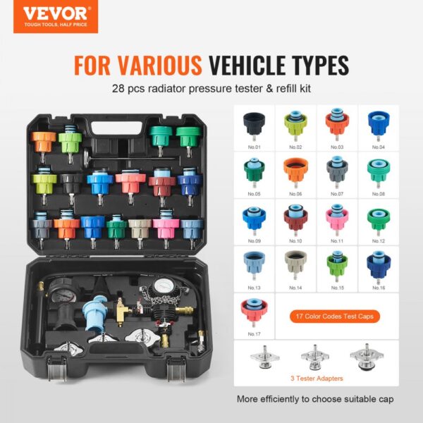 VEVOR radiator pressure tester kit with 28 pieces for various vehicle types in a black carrying case.