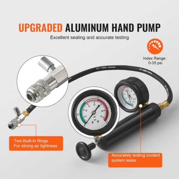 upgraded aluminum hand pump with gauges, hose, fittings, showcases VEVOR radiator pressure tester.