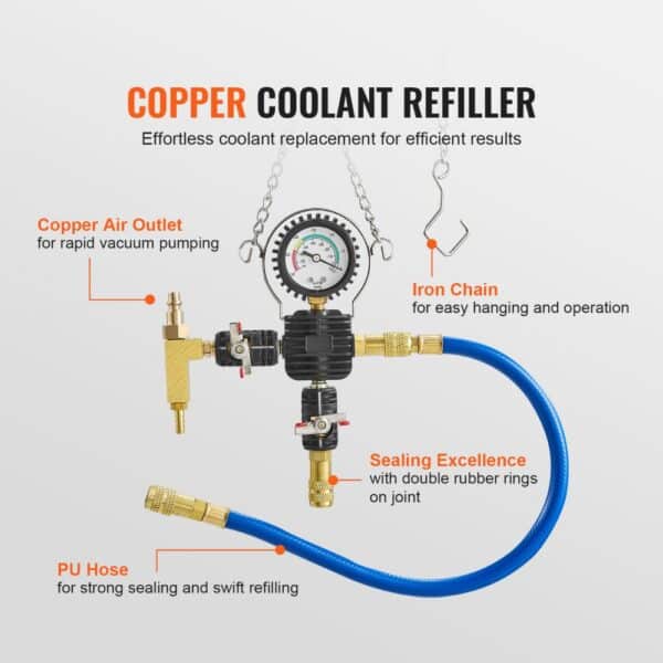 VEVOR radiator pressure tester with copper air outlet, iron chain, and pu hose for coolant refilling.