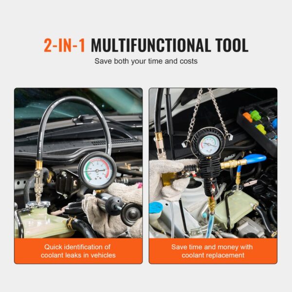 VEVOR radiator pressure tester showing coolant leak detection and coolant replacement in a car engine.