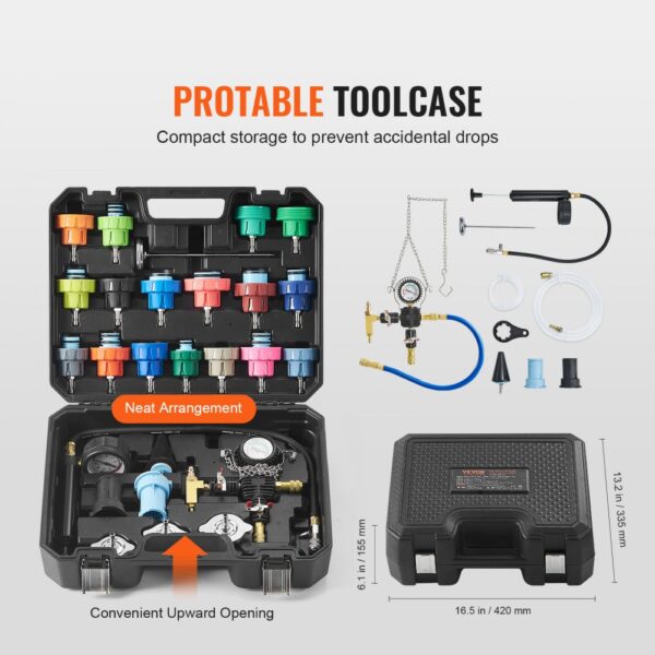 VEVOR radiator pressure tester set in a portable toolcase with neatly arranged components and accessories.