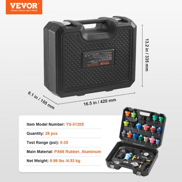 VEVOR radiator pressure tester kit with 28 pcs in a durable black case, dimensions: 16.5x13.2x6.1 in.