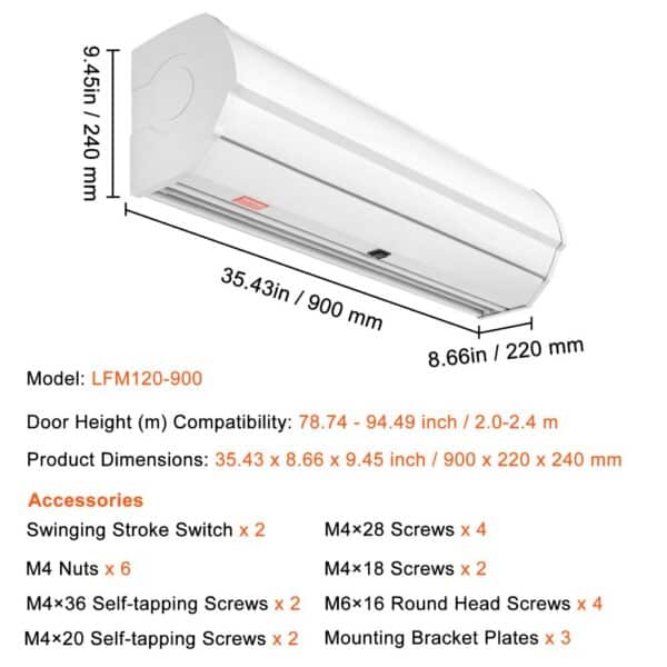 VEVOR 0.9m Commercial Indoor Air Curtain Super Power 2 Speeds 1528m³/h, UL Certified Wall Mounted Air Curtains for Doors, Indoor Over Door Fan with Heavy Duty Limit Switch, Easy-Install Unheated