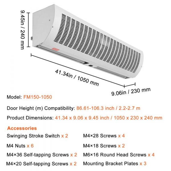 VEVOR 1.1m Commercial Indoor Air Curtain Super Power 2 Speeds 2292m³/h, UL Certified Wall Mounted Air Curtains for Doors, Indoor Over Door Fan with Heavy Duty Limit Switch, Easy-Install Unheated