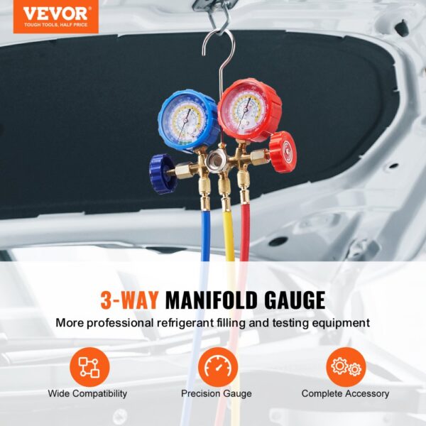 VEVOR ac gauge set with 3-way manifold gauges for professional refrigerant filling and testing.