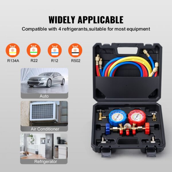 VEVOR ac gauge set compatible with r134a, r22, r12, r502 refrigerants for auto, air conditioner, refrigerator.