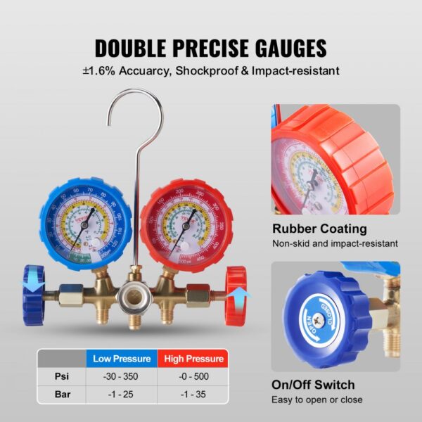 VEVOR ac gauge set with double precise gauges, rubber coating, and easy on/off switch.