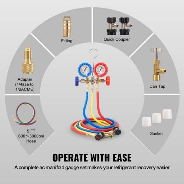 VEVOR ac gauge set with hoses, adapters, quick coupler, can tap, fittings, and gasket.
