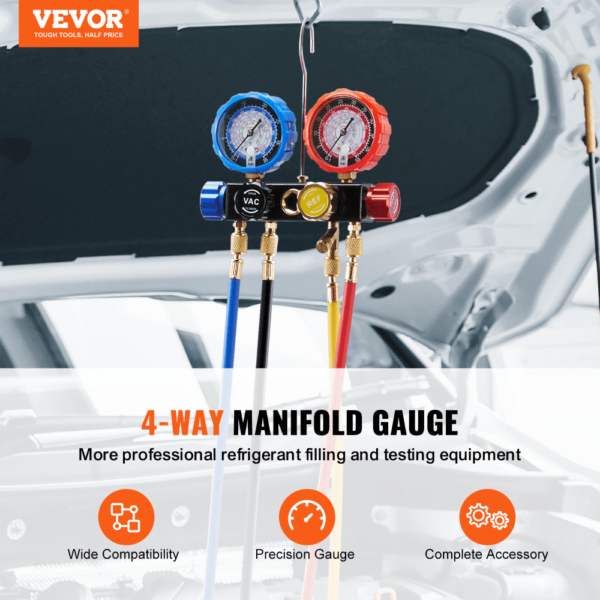 VEVOR ac manifold gauge set with 4-way gauges for refrigerant filling and testing equipment.