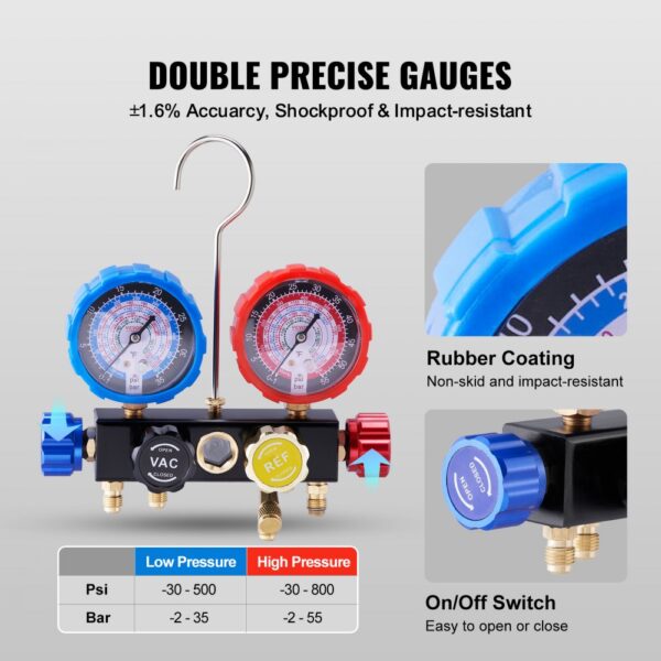 double gauges with blue and red dials, labeled vac and ref, VEVOR ac manifold gauge set.