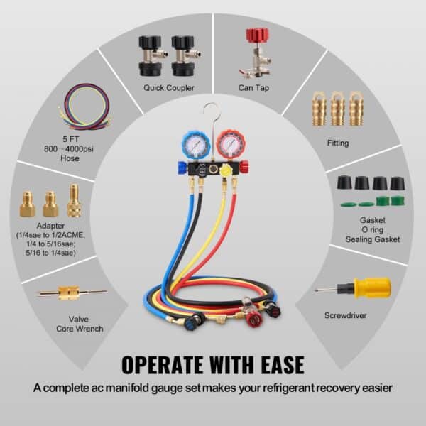 VEVOR ac manifold gauge set with hoses, adapters, quick coupler, fittings, and gaskets for refrigerants.