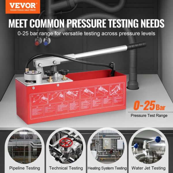 VEVOR hydrostatic test pump for versatile pressure testing from 0-25 bar in pipelines, technical systems, heating, and water jets.