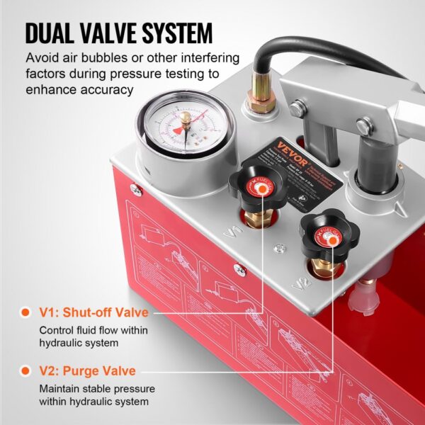 VEVOR hydrostatic test pump featuring dual valve system for accurate pressure testing, red unit with gauge.