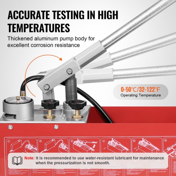 VEVOR hydrostatic test pump with aluminum body, dual gauges, and 0-50°c operating temperature range.