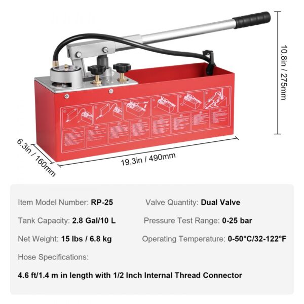 VEVOR hydrostatic test pump rp-25 with dual valve, 2.8 gal tank, and 0-25 bar pressure range.