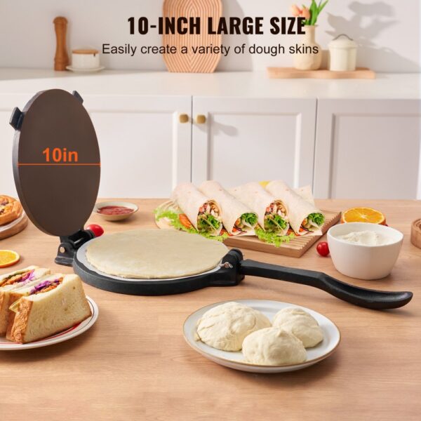 10-inch VEVOR tortilla press with dough, sandwiches, burritos, ingredients set on a kitchen counter.