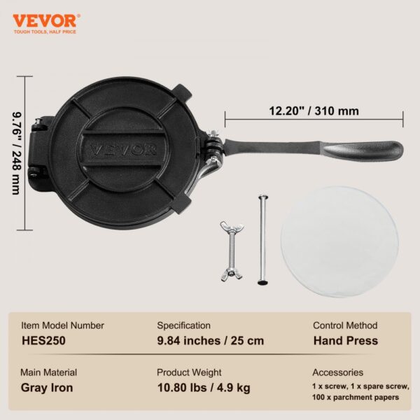 VEVOR tortilla press with 9.84-inch gray iron, hand press mechanism, and accessories shown