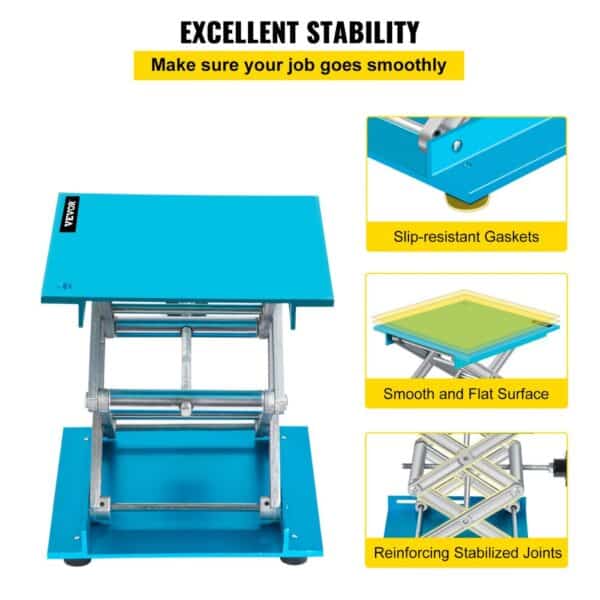 VEVOR lab jack stand with slip-resistant gaskets, smooth surface, and reinforced joints.