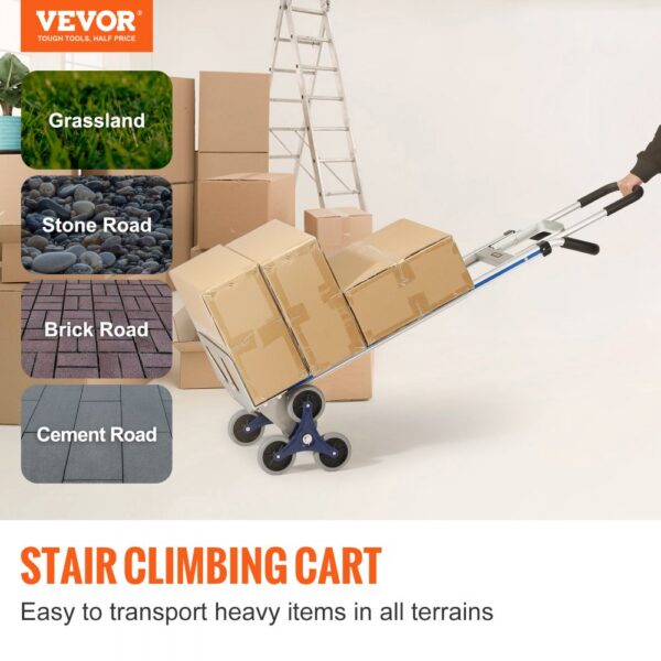 VEVOR stair climbing cart transporting boxes, suitable for grassland, stone road, brick road, cement road.