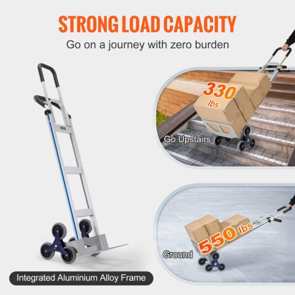VEVOR stair climbing cart with aluminum frame, 330 lbs upstairs, 550 lbs ground load capacity.
