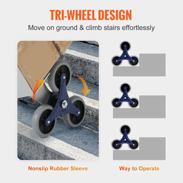 VEVOR tri-wheel dolly for moving and climbing stairs effortlessly, nonslip rubber sleeve.