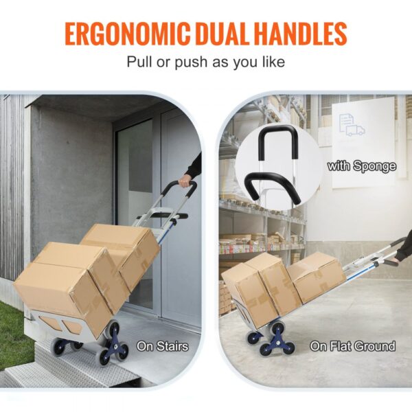 VEVOR stair climbing cart with ergonomic dual handles, carrying boxes on stairs and flat ground.