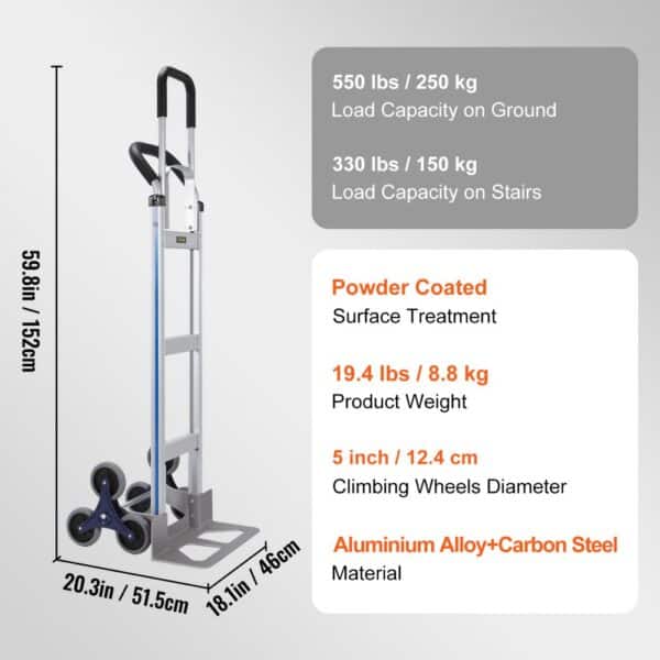 VEVOR stair climbing cart with 550 lbs ground capacity and 330 lbs stair capacity, aluminum alloy steel