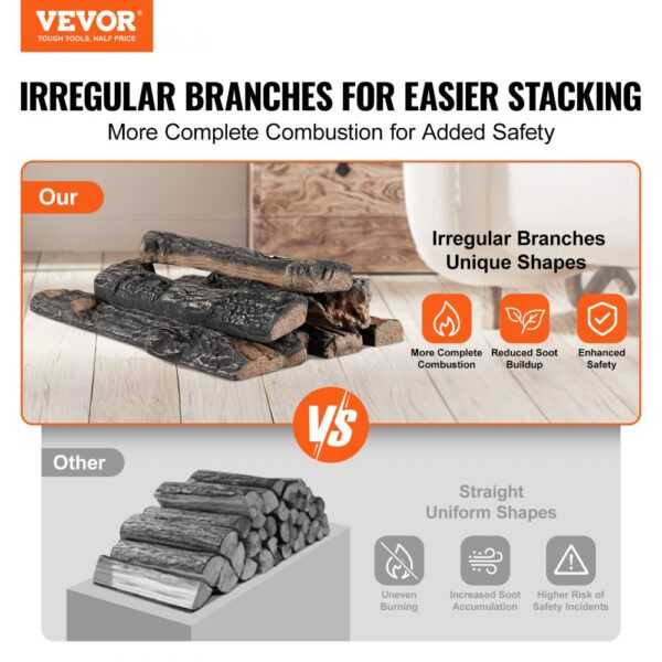 VEVOR gas fireplace ceramic logs with irregular branches for complete combustion and added safety.