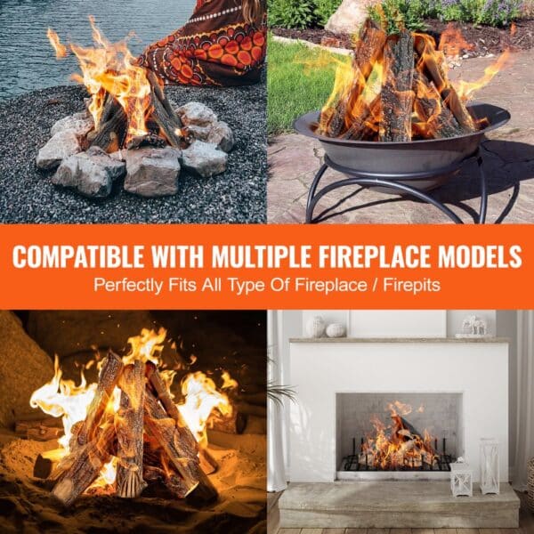 VEVOR gas fireplace ceramic logs in various fireplace and firepit settings, showcasing versatility.