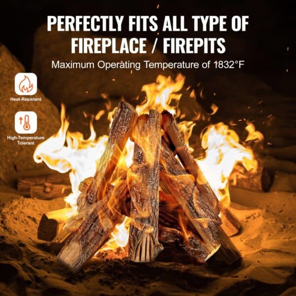 VEVOR gas fireplace ceramic logs burning brightly with high flames in a warm, cozy fire pit.