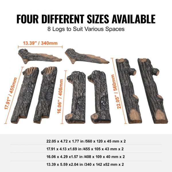 VEVOR gas fireplace ceramic logs in four sizes with measurements and textured log details