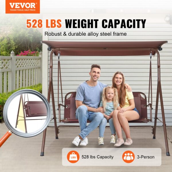 VEVOR patio swing chair with 528 lbs weight capacity, durable alloy steel frame, and seat for three people.