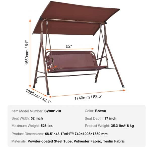 VEVOR patio swing chair with canopy, brown color, 52-inch seat width, and dimensions of 68.5" x 43.1" x 61".