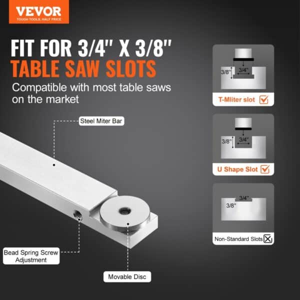 VEVOR miter gauge fits 3/4" x 3/8" table saw slots, compatible with most table saws, steel miter bar.