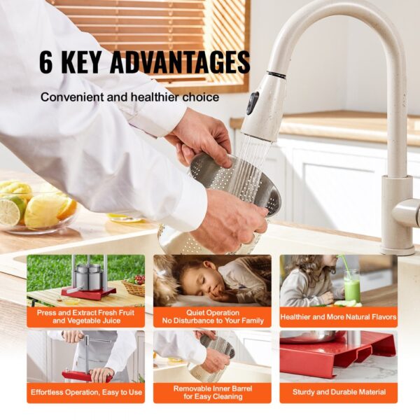 6 key advantages of the VEVOR fruit wine press emphasized with six associated images.