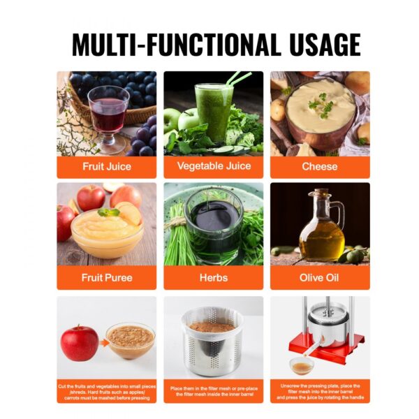 multi-functional usage chart showing VEVOR fruit wine press for juices, cheese, puree, herbs, and oil.