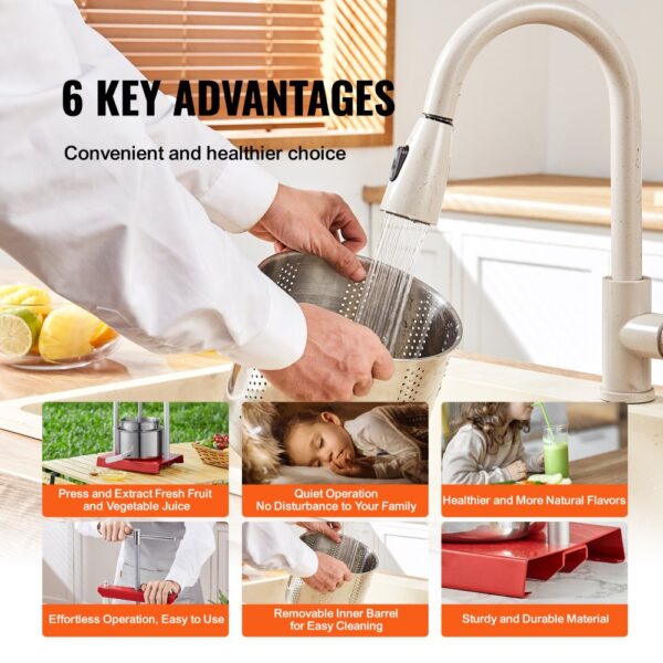 VEVOR fruit wine press demonstrating easy cleaning, quiet operation, and fresh juice extraction benefits.