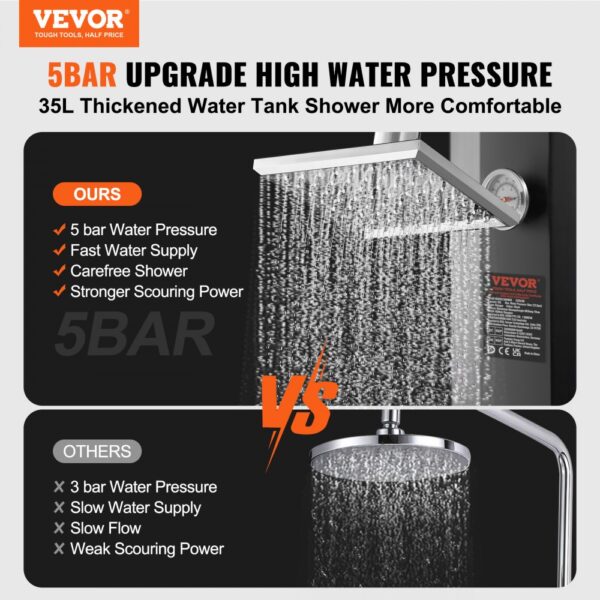 VEVOR solar heated shower with high water pressure, 35l tank, and comparison to standard shower.