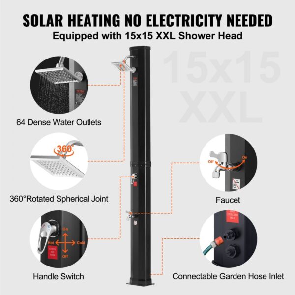 VEVOR solar heated shower with 15x15 xxl shower head, 64 water outlets, faucet, and garden hose inlet.