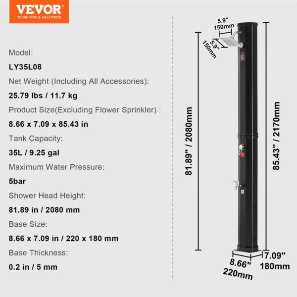 dimensions and specifications of the VEVOR solar heated shower, model ly35l08, with detailed measurements.