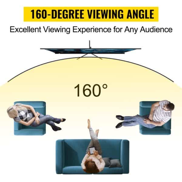 160-degree viewing angle from VEVOR tripod projector screen, shows relaxed seating arrangement.